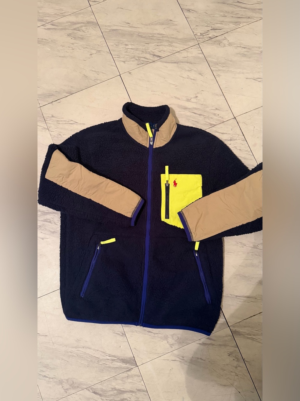 Polo by Ralph Lauren Navy Fleece Jacket with Tan Sleeves and Yellow Pocket